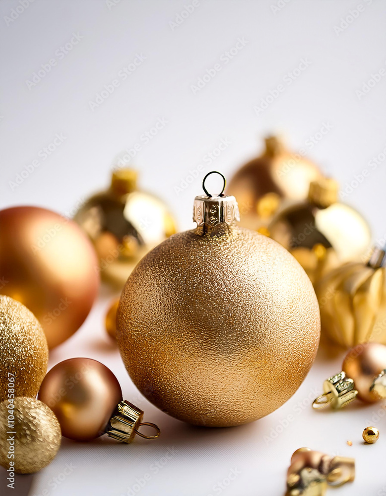 A collection of gold Christmas ornaments artfully arranged on a clean white background A collection of gold Christmas ornaments artfully arranged on a clean white background