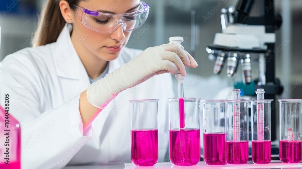 A scientist conducts an experiment with pink liquid in a laboratory, showcasing precision and research in a modern setting. A scientist conducts an experiment with pink liquid in a laboratory, showcasing precision and research in a modern setting.