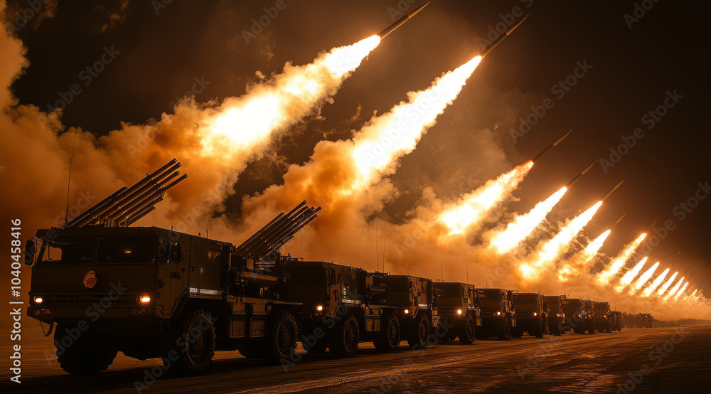Obraz premium A military parade with multiple rocket launchers firing in unison