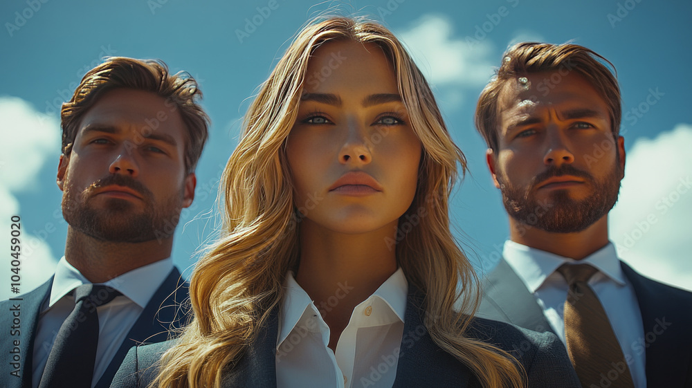 3 intimidating looking lawyers dressed in suits, shot outdoors in natural light with sky backdrop 3 intimidating looking lawyers dressed in suits, shot outdoors in natural light with sky backdrop