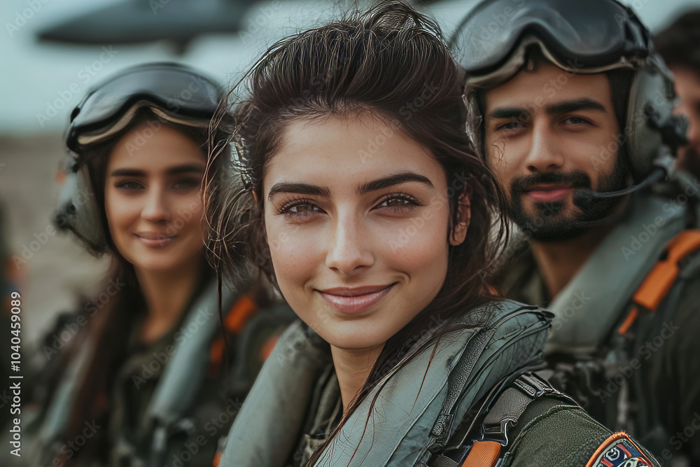 happy Indian Air Force male and female pilots standing in a row, standing tall in a firm stance showing confidence and strength happy Indian Air Force male and female pilots standing in a row, standing tall in a firm stance showing confidence and strength