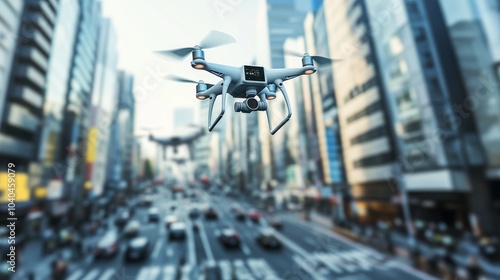 Robotic security patrol drones surveilling a bustling city street, urban environment with automated surveillance units, Urban Security style photo