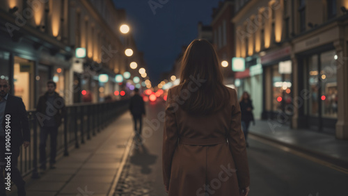 A Graceful Woman Strolling Through the Lively Streets of London at Night Under the Glow of Streetlights