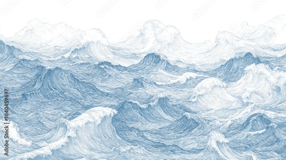 Detailed Blue and White Hand-Drawn Ocean Waves in Dynamic Motion with Intricate Line Art Detailed Blue and White Hand-Drawn Ocean Waves in Dynamic Motion with Intricate Line Art
