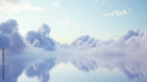 A serene view of soft clouds reflecting on calm water, capturing tranquility and peace in nature's beauty.