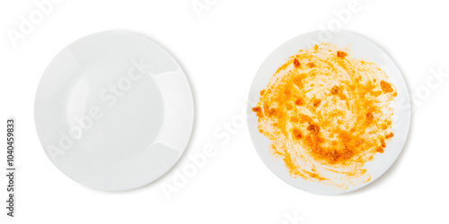 Washing dirty plate with sponge isolated on white background. Concept of washing dishes. Clean plate.Cleaning sponge to clean up and washing food stains and dirt on dish after eating meal.