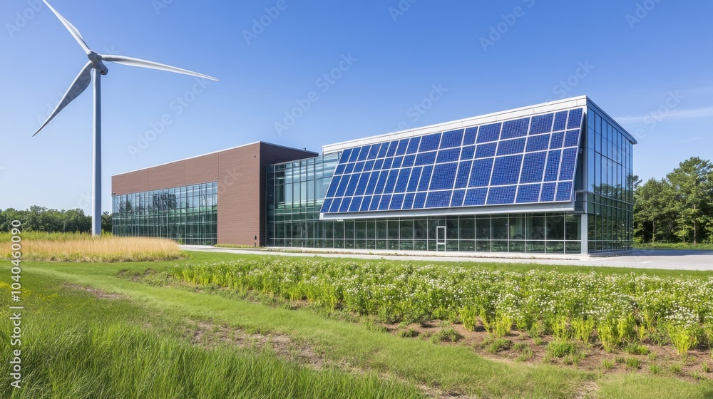 A cutting-edge renewable energy research facility, clean energy lab with solar panels and wind turbines, Innovative style A cutting-edge renewable energy research facility, clean energy lab with solar panels and wind turbines, Innovative style
