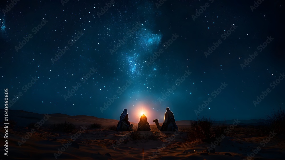 Obraz premium Three astrologers riding camels across the desert, the glowing eastern star casting a warm light on the dunes, the night sky shimmering with stars, long shadows stretching across the sand,