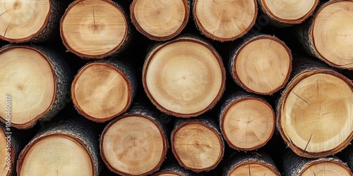 Wood texture, cross-sections of tree trunks, circular tree rings, stacked logs, natural wood grain patterns, light brown and beige tones, organic shapes, forestry, lumber, rustic background, close-up 