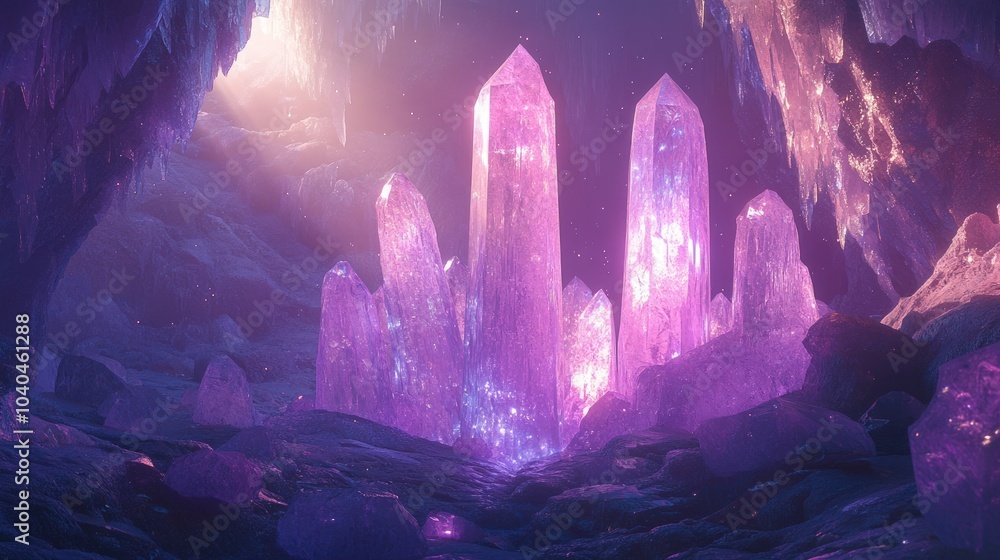A mystical cave with glowing purple crystals. A mystical cave with glowing purple crystals.