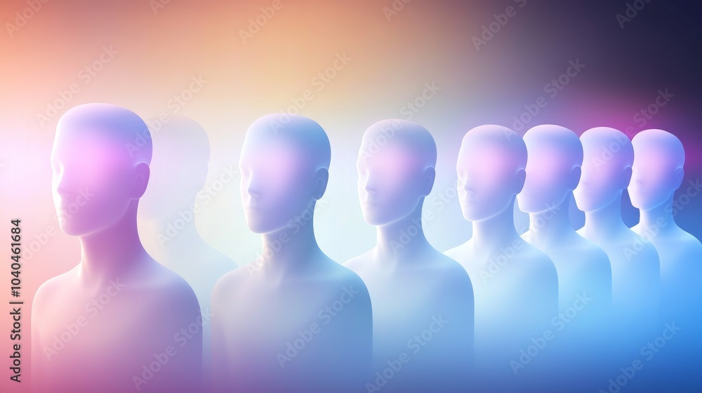 A surreal representation of faceless figures in a gradient light, highlighting themes of identity and existence. A surreal representation of faceless figures in a gradient light, highlighting themes of identity and existence.