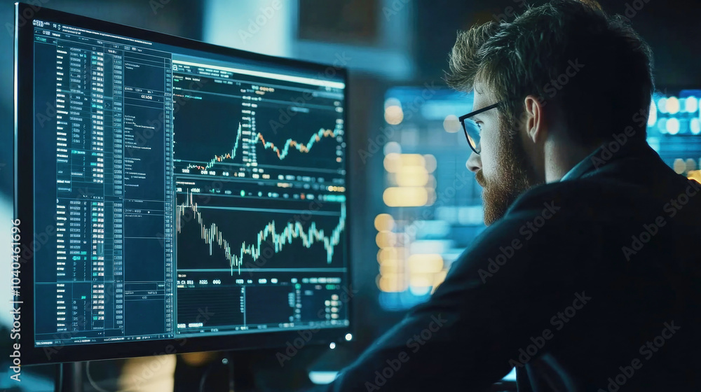Businessman analyzes cryptocurrency exchange rates on computer screen while preparing for investment decisions Businessman analyzes cryptocurrency exchange rates on computer screen while preparing for investment decisions