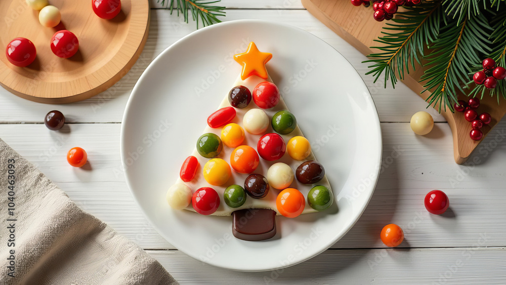 Christmas tree shaped chocolate decorated with candies and a marmalade star on a white background with holiday decor. Sweet gift for Christmas and New Year with your own hands or from a candy store Christmas tree shaped chocolate decorated with candies and a marmalade star on a white background with holiday decor. Sweet gift for Christmas and New Year with your own hands or from a candy store