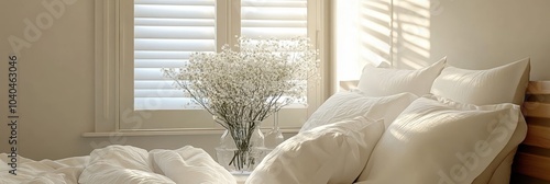 Cozy bedroom interior, soft morning light, white plantation shutters, delicate flowers in vase, crisp white bedding, tranquil atmosphere, warm sunbeams, minimalist decor, neutral tones, serene ambianc