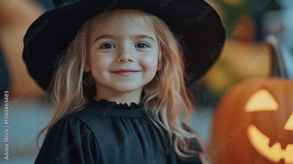 Little Witch's Delight: A charming portrait of a young girl dressed as a witch for Halloween, her mischievous grin and sparkling eyes illuminating the festive spirit. Little Witch's Delight: A charming portrait of a young girl dressed as a witch for Halloween, her mischievous grin and sparkling eyes illuminating the festive spirit.