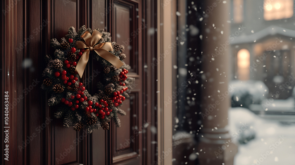 Close-up of Festive Holiday Wreath with Red Berries and Golden Ribbons on Carved Wooden Door Close-up of Festive Holiday Wreath with Red Berries and Golden Ribbons on Carved Wooden Door