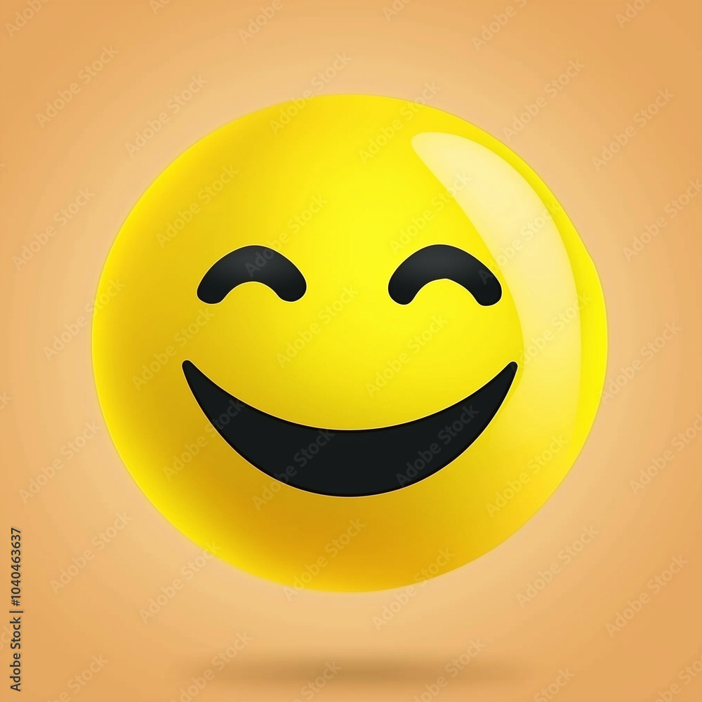 Fototapeta premium Yellow smiley face emoji with joyful expression on peach background