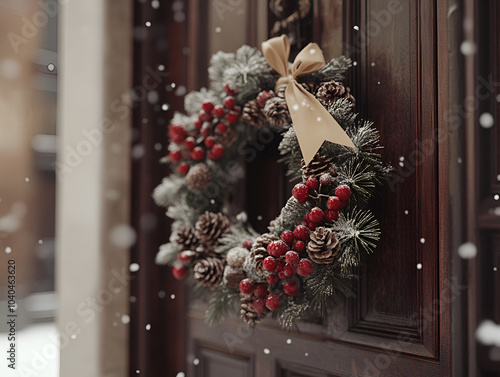 Close-up of Festive Holiday Wreath with Red Berries and Golden Ribbons on Carved Wooden Door