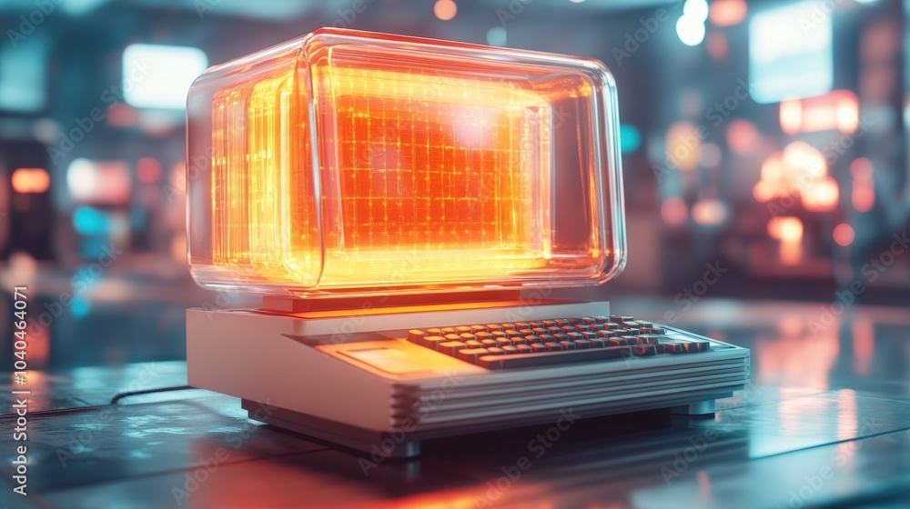Retro futuristic computer with glowing screen in a modern setting. Retro futuristic computer with glowing screen in a modern setting.