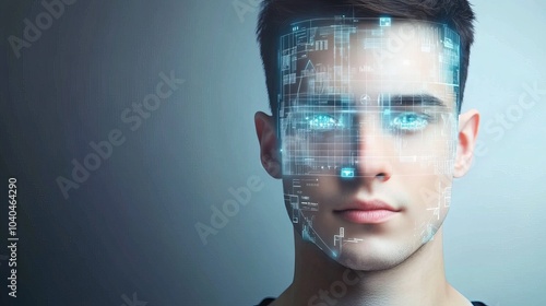 A young man with a futuristic digital overlay on his face, representing the intersection of technology and human potential. photo