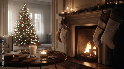 Cozy Fireplace Scene with Oversized Stockings, Roaring Fire, and Detailed Christmas Tree Ornaments