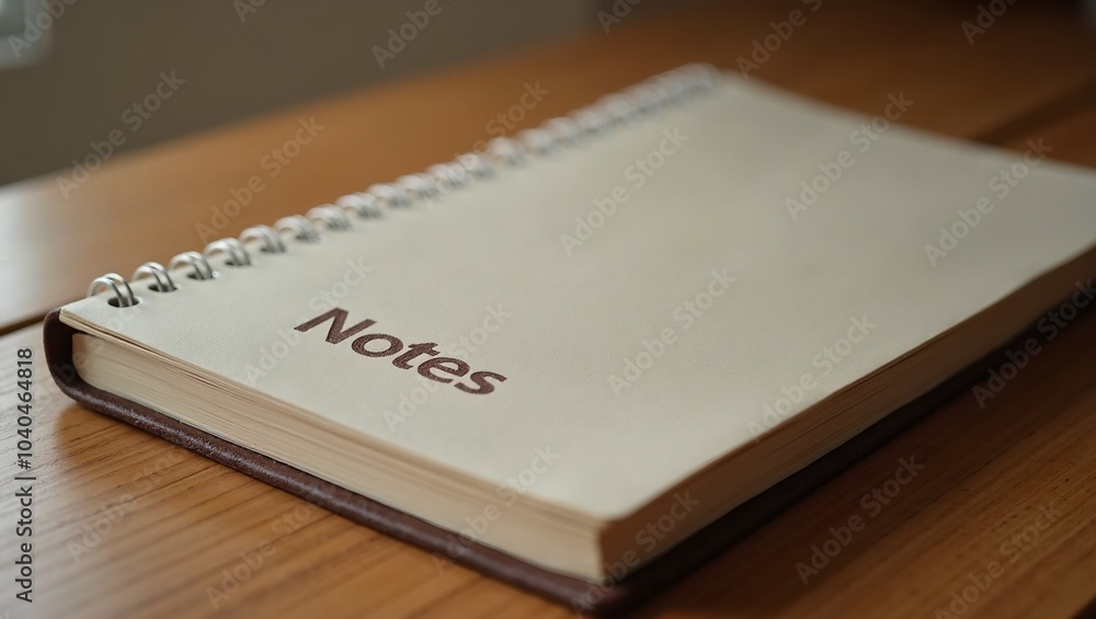 Stylish closed leather notebook on wooden desk labeled Notes Stylish closed leather notebook on wooden desk labeled Notes