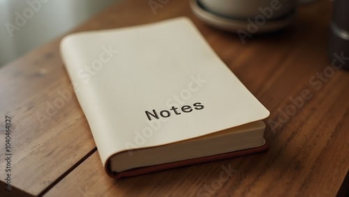 Stylish closed leather notebook on wooden desk labeled Notes