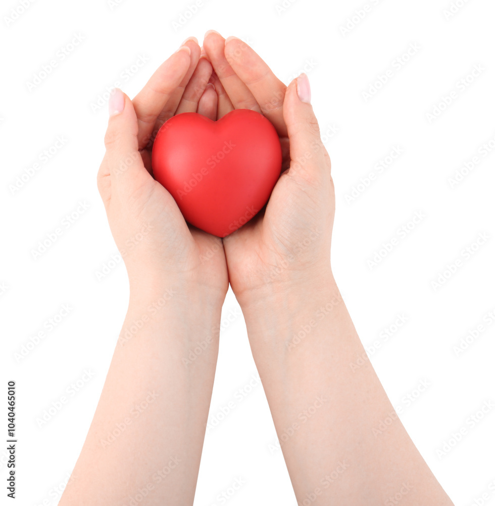 Woman with red decorative heart on white background, top view Woman with red decorative heart on white background, top view