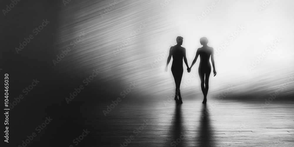 Obraz premium A couple walks hand in hand in a soft, dreamy light. The shadows create a romantic atmosphere. This image captures love and connection beautifully.