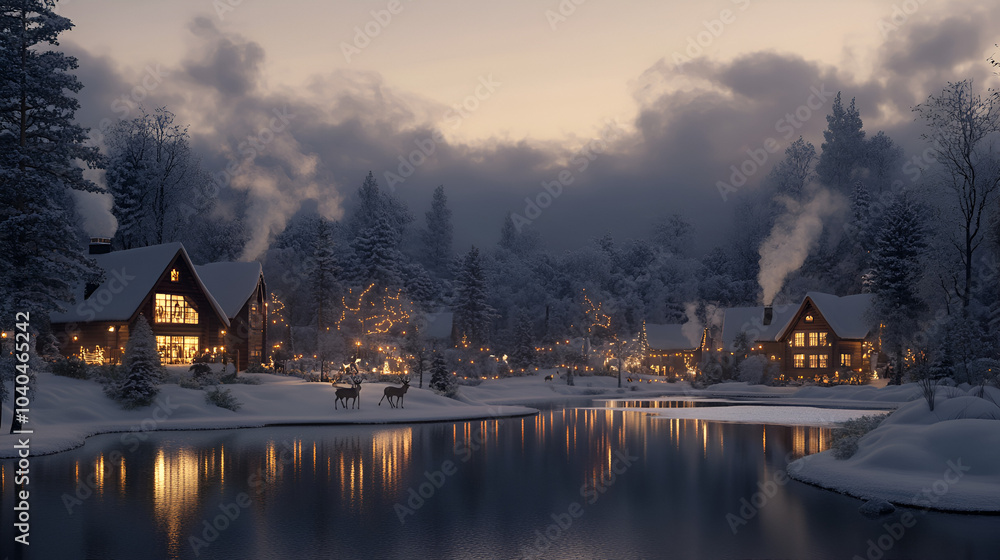 Fototapeta premium Enchanting Snow-Covered Christmas Village at Dusk with Warmly Lit Homes, Reindeer by Frosted Pond, and Twinkling Fairy Lights 