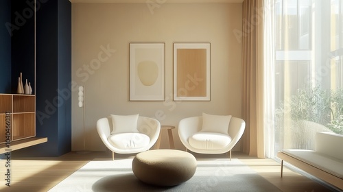 Modern minimalist interior, white egg chairs, round coffee table, warm lighting, large windows, beige walls, abstract wall art, wooden floors, cozy living room, sleek design, natural light, contempora