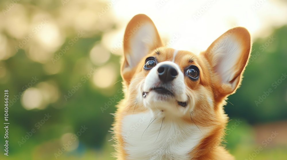 A curious corgi gazes upward, capturing the essence of playful innocence in a sunlit outdoor setting. A curious corgi gazes upward, capturing the essence of playful innocence in a sunlit outdoor setting.