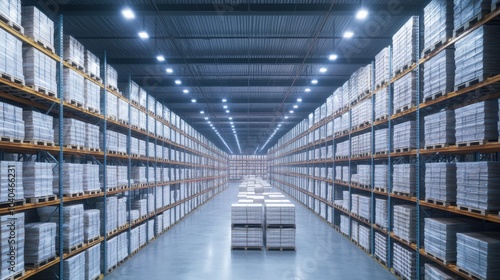 Wallpaper Mural A cutting-edge storage facility filled with neatly stacked pallets and containers under bright white lights, Illustrating the meticulous management of inventory, photography style Torontodigital.ca