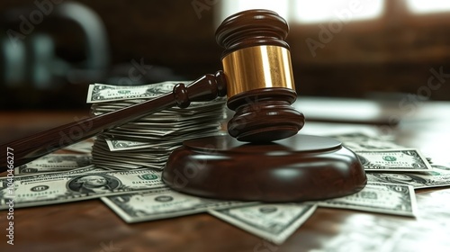 Wooden gavel, legal documents, courtroom desk, dramatic lighting, close-up shot, shallow depth of field, legal justice concept, muted colors, textured wood grain, official papers, authoritative imager