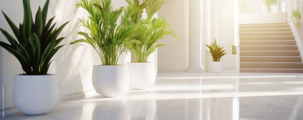 Bright indoor space with elegant plants in white pots, enhancing the modern architecture and creating a fresh atmosphere. Bright indoor space with elegant plants in white pots, enhancing the modern architecture and creating a fresh atmosphere.