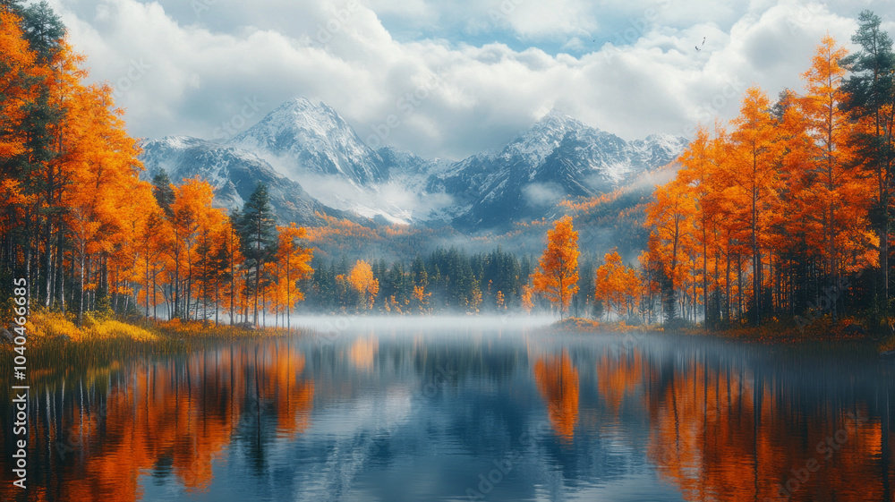 Obraz premium Autumn Lake has many trees growing on both sides of it. You can see the reflection in the water. Fog is floating around.