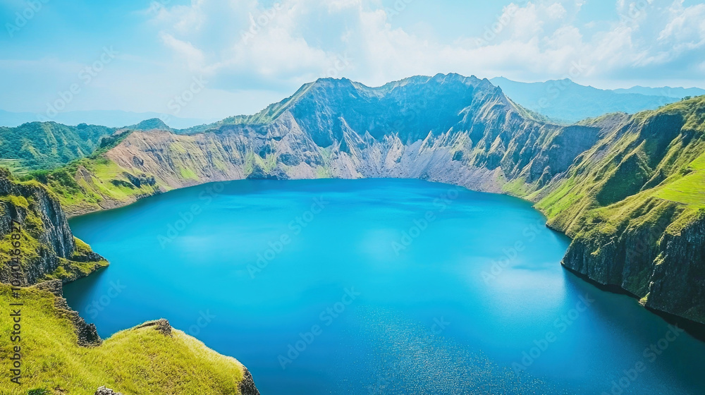 Fototapeta premium A stunning deep blue lake nestled in the crater of an extinct volcano surrounded by rocky slopes and mountains