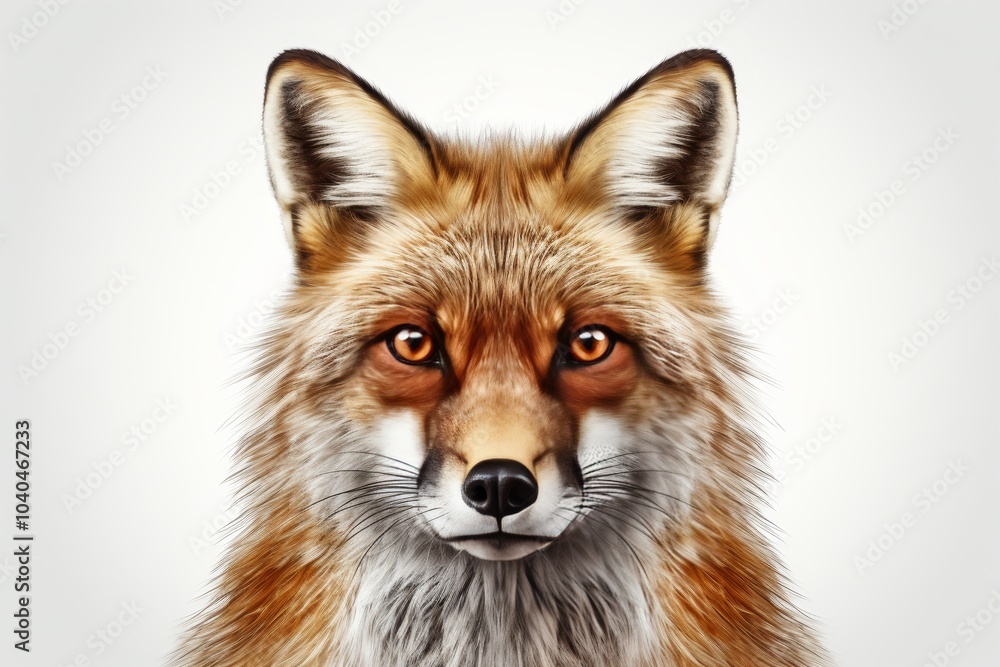 Sly fox with beady eyes and shiny coat on a crisp white background, hiding a mysterious secret Sly fox with beady eyes and shiny coat on a crisp white background, hiding a mysterious secret