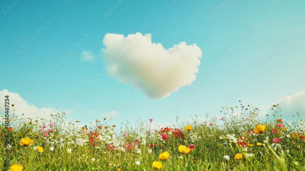 Fototapeta premium A heart-shaped cloud drifts above a vibrant flower field under a clear blue spring sky