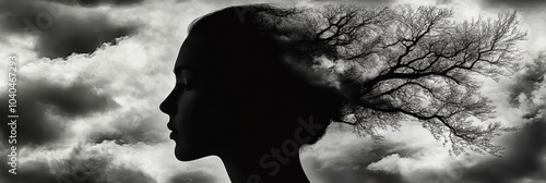 Dark silhouette, female profile, tree branches, surreal landscape, double exposure, stormy sky, clouds, monochrome, black and white, psychological portrait, nature fusion, dreamlike, ethereal, melanch photo