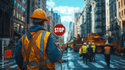 A Construction Worker Holding a Stop Sign to Direct Traffic for Safety and Efficiency on a Busy Job Site photo