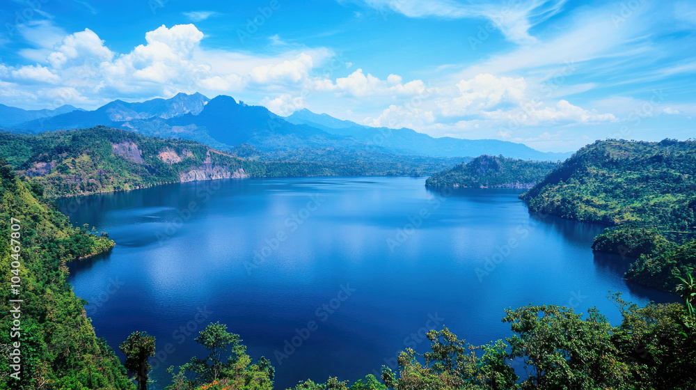 Aerial view of a pristine lake reflecting the blue sky and clouds during a sunny day surrounded by mountains Aerial view of a pristine lake reflecting the blue sky and clouds during a sunny day surrounded by mountains