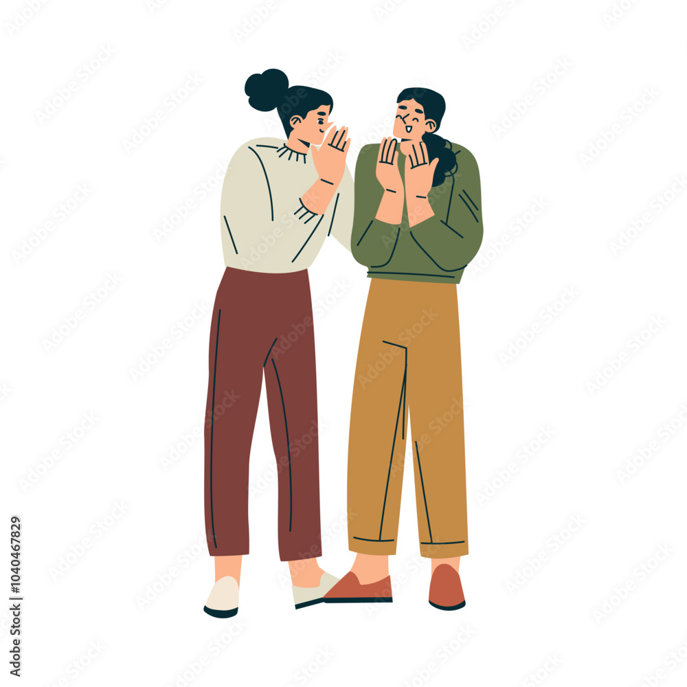 Young Smiling Woman Character in Standing Pose Gossip and Talking with Gesture Vector Illustration Young Smiling Woman Character in Standing Pose Gossip and Talking with Gesture Vector Illustration