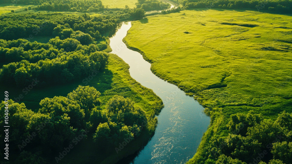 Aerial view of a winding river surrounded by lush green meadows and trees casting shadows under the bright sun Aerial view of a winding river surrounded by lush green meadows and trees casting shadows under the bright sun