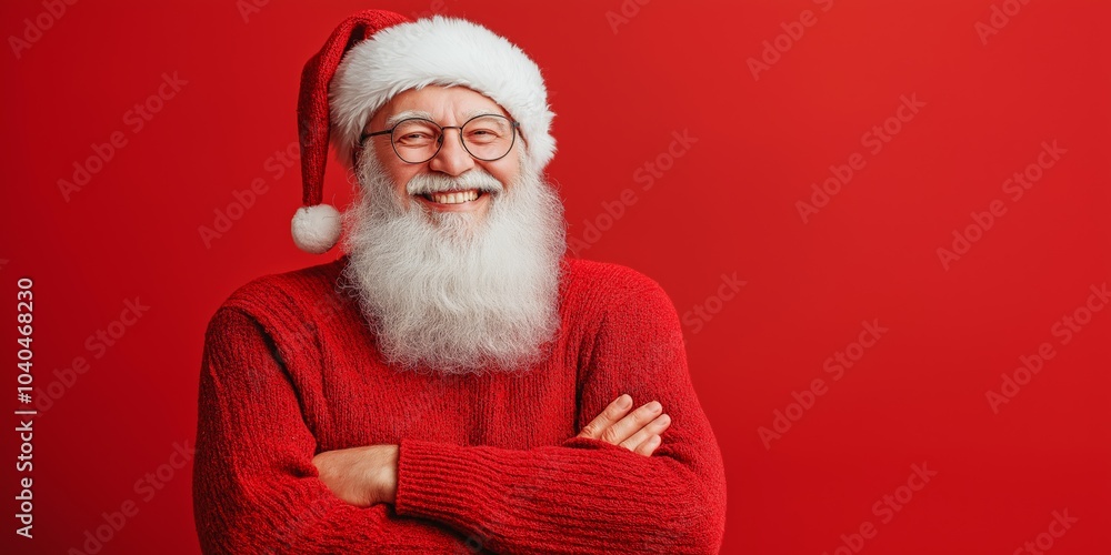 A smiling man in a red sweater with a Santa hat and glasses. He is posing for a picture A smiling man in a red sweater with a Santa hat and glasses. He is posing for a picture