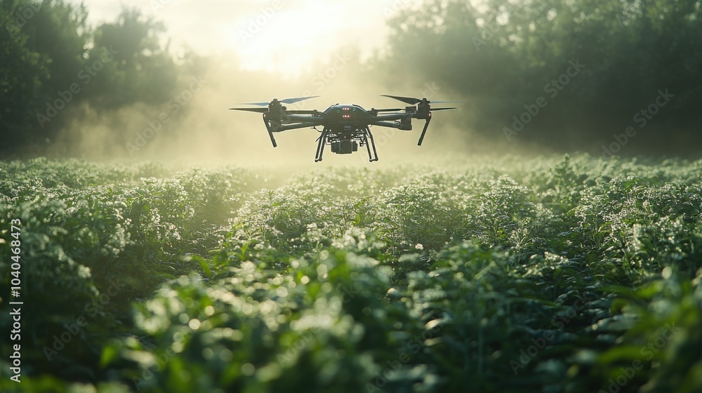 Aerial View of a Drone Spraying Fertilizers Over a Lush Green Field of Crops, Perfect for Agricultural and Environmental Usage Aerial View of a Drone Spraying Fertilizers Over a Lush Green Field of Crops, Perfect for Agricultural and Environmental Usage