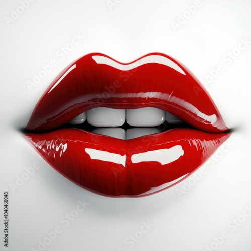 Glossy Red Lips Isolated on White Background