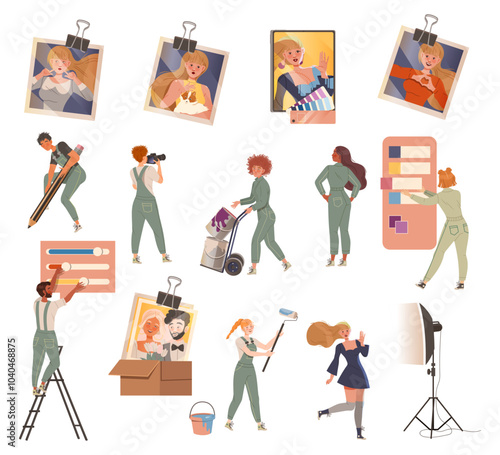People Retouch Photo and Doing Photography Adjustments Vector Set