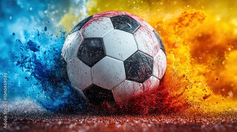 Fototapeta premium Soccer Ball Exploding with Colorful Powder on Grass Field