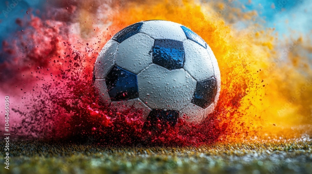 Fototapeta premium Soccer Ball Exploding with Colorful Powder on Grass Field